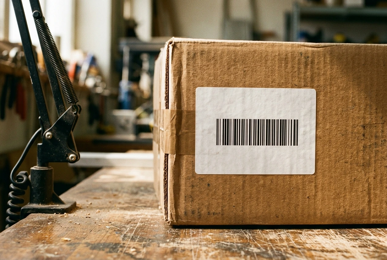 Black linear barcode on a white carton label beside an inspection lamp