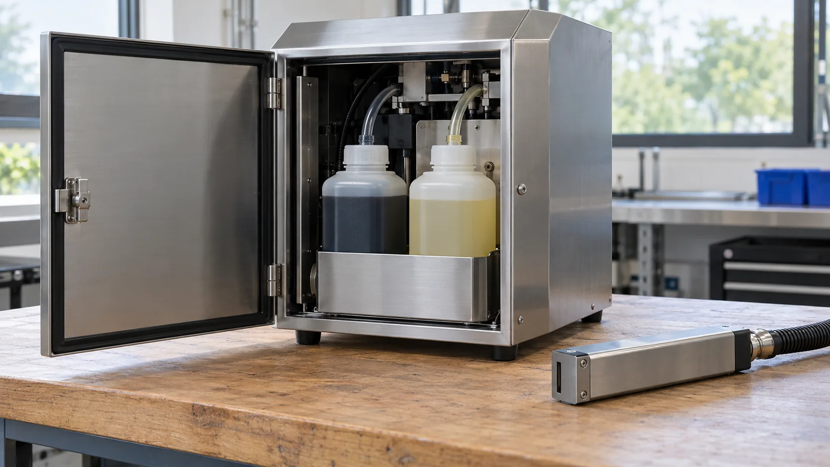 Open stainless cabinet with two unlabeled fluid bottles and a printhead on a bench