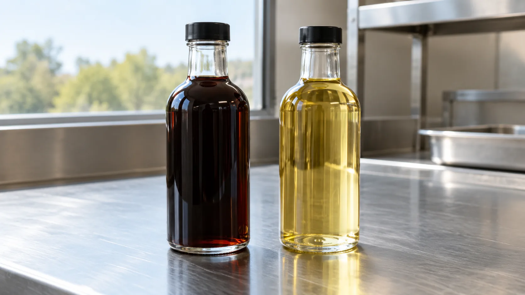 Two unlabeled bottles, one dark and one pale yellow, on a steel bench