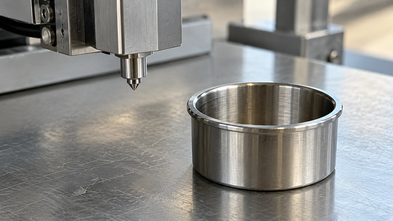 Stainless printhead tip beside a small metal cup on a bench
