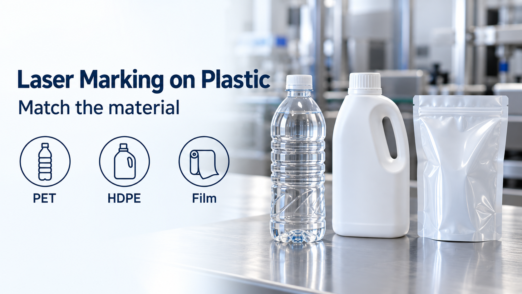 Unbranded PET bottle, opaque HDPE bottle and film pouch beside the labels PET, HDPE and Film
