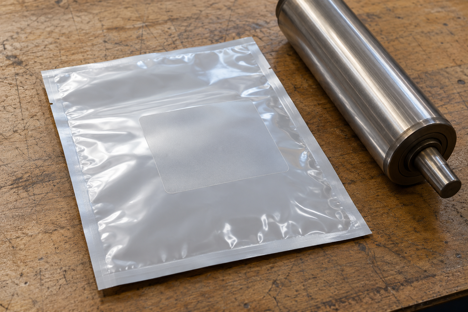 Plain film pouch with an unmarked frosted patch beside a steel roller