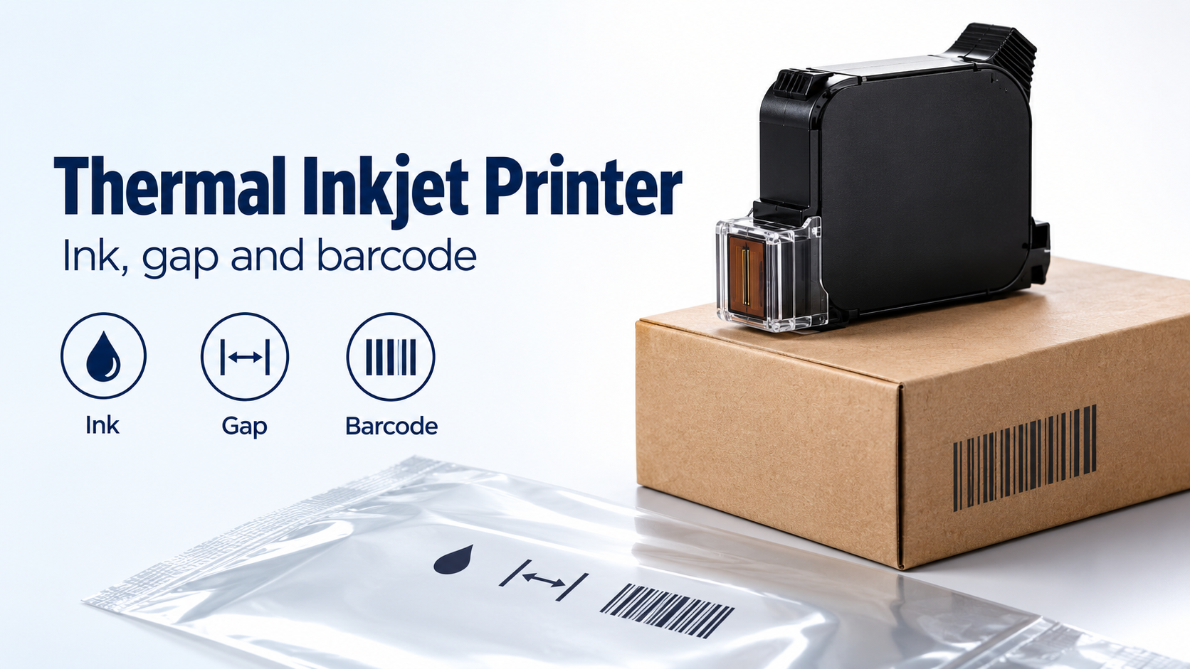 Unbranded thermal inkjet cartridge above a plain carton and film sheet