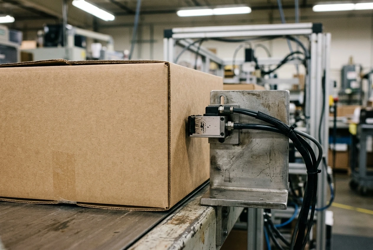 Small coding head on a metal bracket beside a corrugated carton