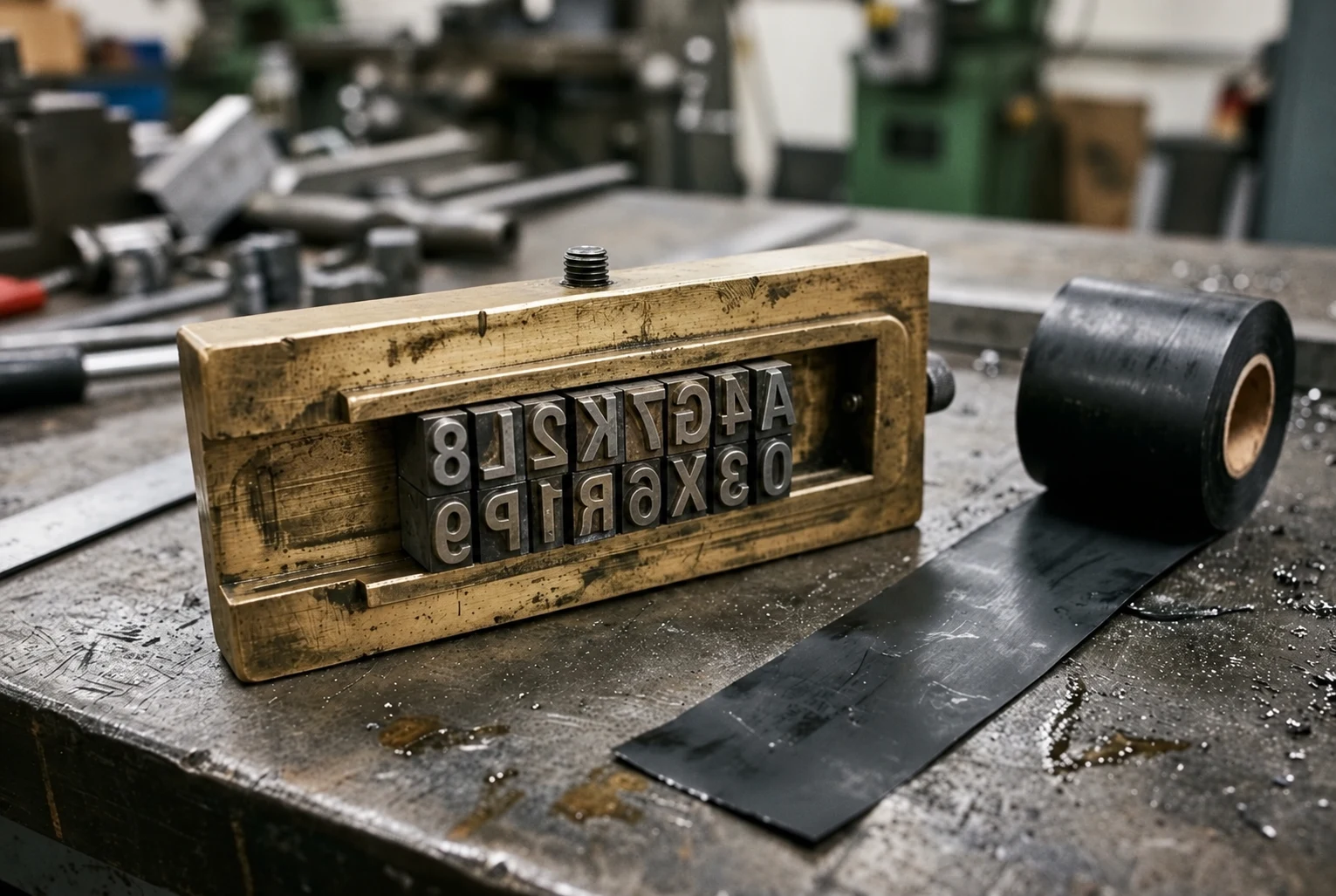 Mirrored metal printing faces in a brass type holder beside black foil