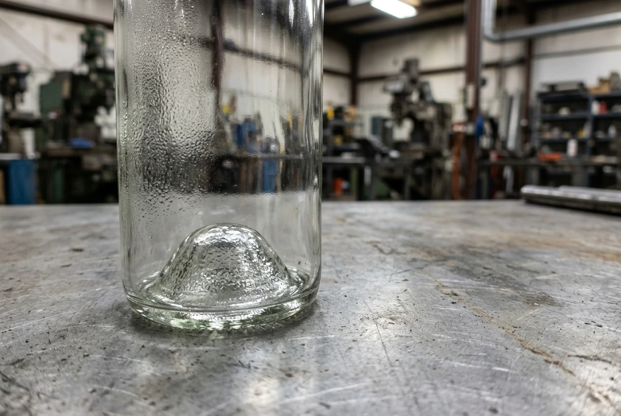 Curved glass bottle wall and base with visible condensation